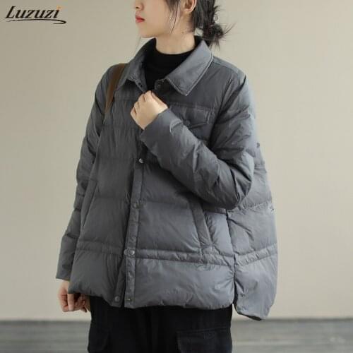 Luzuzi Winter Light Down Jacket Womens Autumn Casual Pocket Loose White Duck Down Coat Female Shirt Collar Slim Warm Parkas