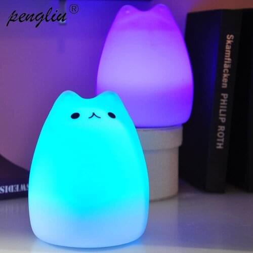 Cute LED Silicone Cat Night Light Touch Sensor 7 Colour Fairy Lamp Children Bedside Desktop Decor Ornaments Battery Charge