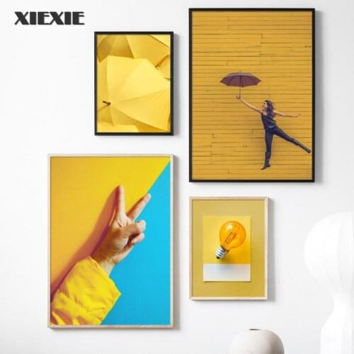 Fashion Girl Yellow Umbrella Light Bulb Wall Art Canvas Painting Nordic Posters and Prints Wall Pictures for Living Room Decor