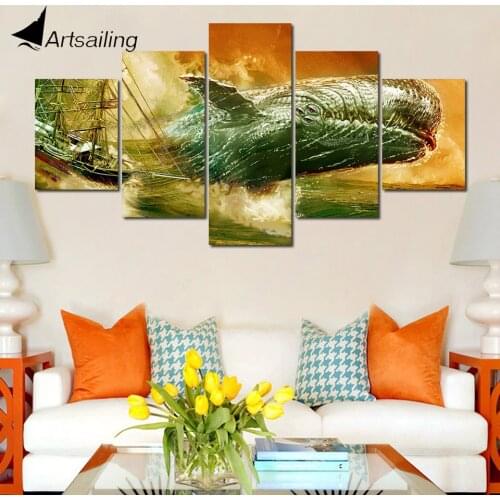 Modular Poster HD Prints Home Decor 5 Pieces Dick whale sea ship waves Canvas Paintings Wall Art Pictures drop shipping