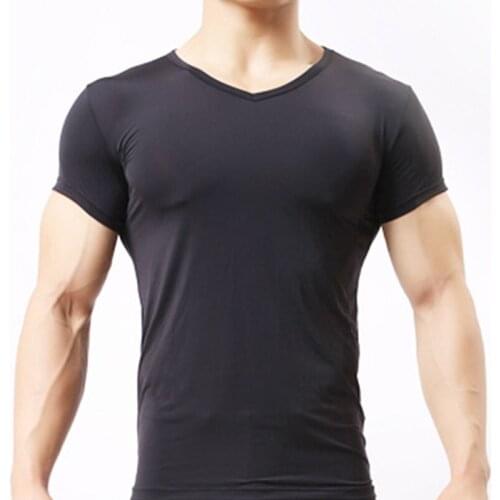 Mens Undershirts Ice Silk Shorts Sleeve Basic Shirts Sheer Fitness Bodybuilding Singlets Underwear Slim T-shirts 2XL Sleepwear