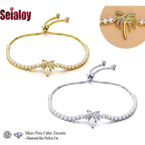 Seialoy Bohemia Ocean Style Cubic Zirconia Coconut Tree Bracelets For Women Men Adjustable Length Fine CZ Bracelet Golden Gift