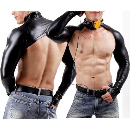 Sexy Men Faux Leather Tap DJ Backless Exposed Chest Patent Leather Top Sleevelet Glossy Gay Fetish Male Erotic Lingerie Muff