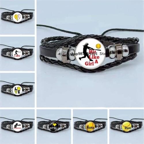 Love softball sports bracelet, glass cabochon multi-layer woven leather bracelet, souvenir for sports enthusiasts