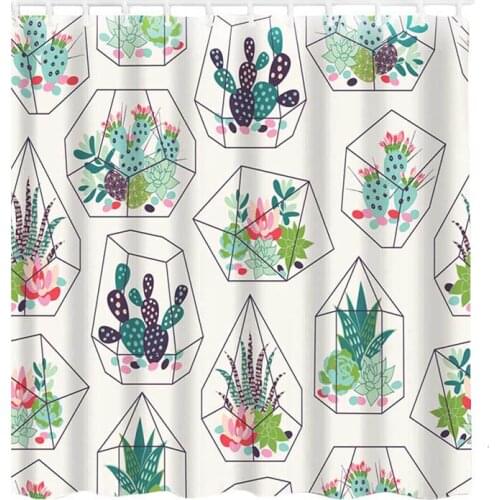 Tropical Plants Cactus Print Shower Curtain for Bathroom Waterproof Bathtub Curtains Polyester Green Leaves Curtain