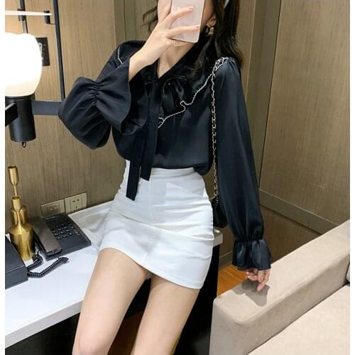 2020 Korean Womens Autumn New V-neck Long Sleeve Pure Color Chiffon Lace Chiffon Shirt