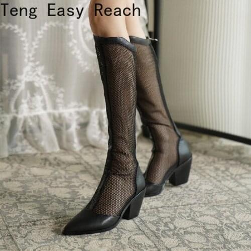 Women Summer Knee High Sandals Boots Hollow Mesh Sexy High Heels Summer Nightclub Shoes Pointed Toe Party boots Runway