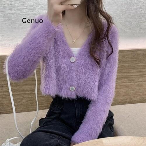Japan Style New Short V Neck White Mohair Cardigan Sweaters Women Autumn Lazy Knitted Crop Tops Fashion Solid Retro Chic