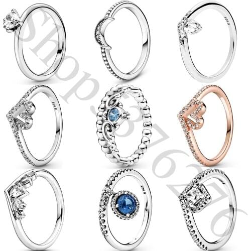 Real 925 Sterling Silver Marquise Wishbone Heart Solitaire Tiara Moon Fashion Ring For Pandora Women Bead Charm Gift DIY Jewelry