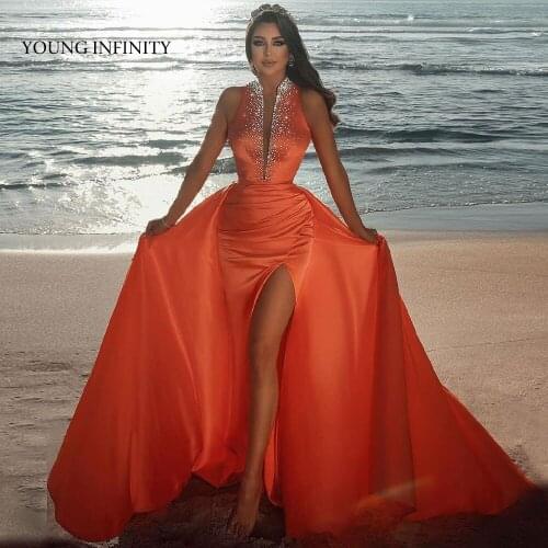 Luxury Orange Mermaid Prom Dress 2022 V Neck Beading Sequins Overskirt Long Elegant Evening Party Gown Custom Made Plus Size