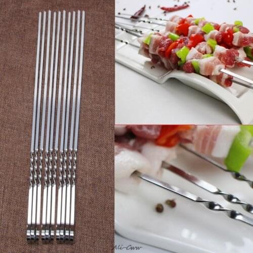 10 Pcs Stainless Steel Flat Meat Skewers For Outdoor BBQ Barbecue
