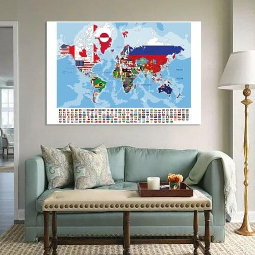 150*100cm The World Map with National Flags Creative Poster Non-woven Canvas Painting School Supplies Classroom Wall Home Decor