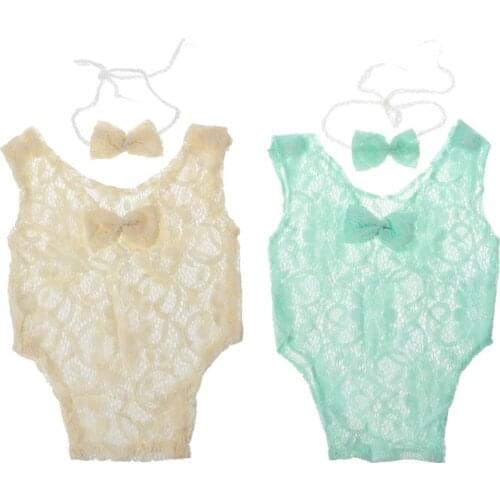 2Pcs/set Baby Photography Props Backless Hollow Bowknot Newborn Girls Lace Romper lace silk bow romper