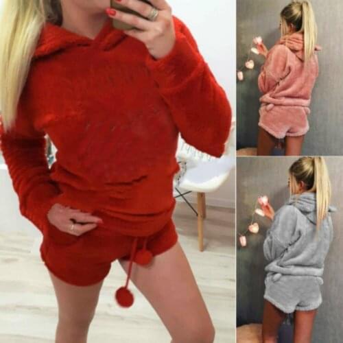 Lovely Cartoon Cute Cat Ear Solid Color Long Sleeve Furry Coral Wool Hoodies Casual Loose Shorts 2Pcs Autumn Winter Clothes Sets
