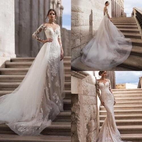 2021 New Wedding Dresses Long Sleeves Lace Appliques Bridal Gowns Custom Made Button Back Detachable Train Mermaid Wedding Dress
