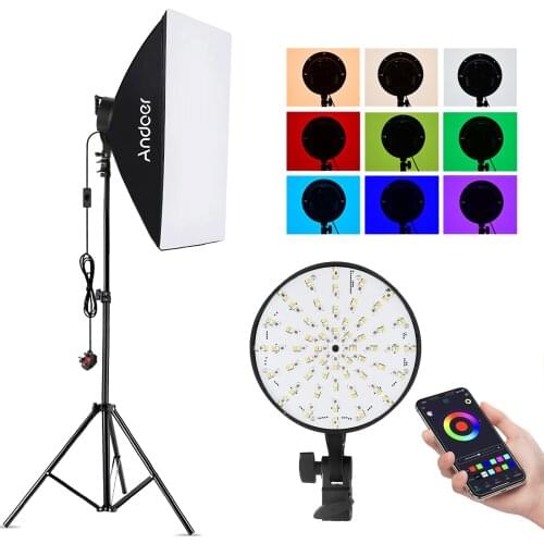 Andoer Studio Photography RGB Softbox Lighting Kit APP Control 20*28" Softbox/50W 3200-5500K RGB Light/2M Light Stand for Vlog