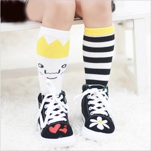 Kids Cotton Socks Knee High Toddler Boot Socks Leg Warmer Baby Boy Girl Children Cute crown stripe Pattern Long Socks