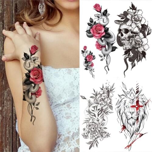 DIY Mamba Snake Rose Flower Temporary Tattoo For Women Men Peony Lion Fake Tattoo Sticker Front Arm Half Sleeve Waterproof Tatoo
