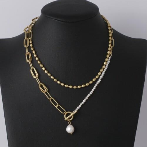 European and American jewelry wholesale matte gold stitching chain freshwater pearl buckle necklace