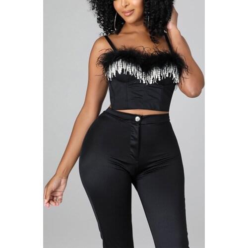 Sexy Black Pants Sets Crop Tops & Pencil Pants Feather Beading Square Neck Backless Evening Night Club Wear 2 Piece Matching Set