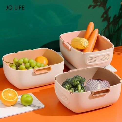 JO LIFE Fruit Vegetables Washing Basket Rice Plastic Strainer Bowl Double-Layer Drain Basket Kitchen Tools