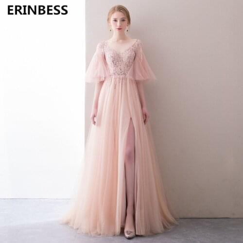 Hot Selling V-Neck Beading Evening Dresses Long Party Prom Gowns 2020 Vestido De Festa Half Sleeve Pink A-line Evening Dress