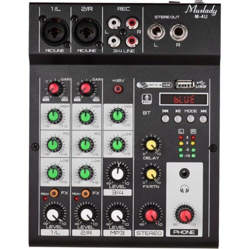 Muslady M-4U Portable 4-Channel BT Mixing Console Digital Audio Mixer Built-in Reverb Effects 3-band EQ DC 5-12V Power Supply