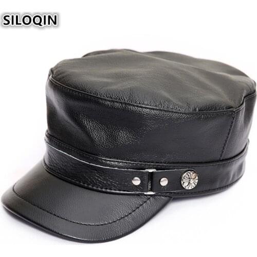 SILOQIN Mens Flat Cap Genuine Leather Hat Winter Womens High Quality Cowhide Military Hats Snapback Warm Leisure Tourism Hats