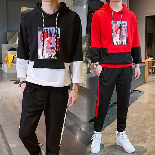 Mens autumn patchwork hoodies pants 2 piece set gym joggers sweatsuits casual outdoor sports running tracksuits sweatpants men