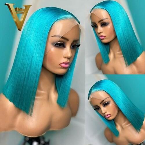 Blue Short Bob Human Hair Wigs For Women Green Purple Lace Front Wig Brazilian Remy Pink Colored Wigs Pre Plucked With Baby Hair
