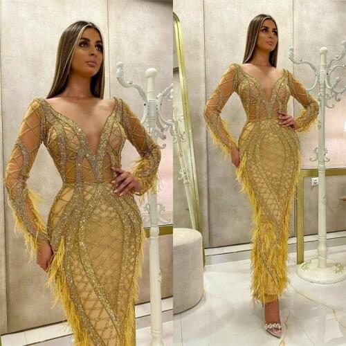 Luxury Yellow Prom Dresses Long Sleeves Sequins Beads Evening Dress Glitter Bling Feather Custom Made Sweep Train Formal Party