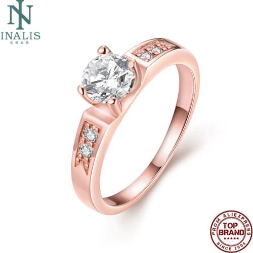 INALIS Rose Gold Plated Copper Rings For Women Big 5A Clear Cubic Zirconia Female Ring Anniversary Fashion Jewelry Hot Sale