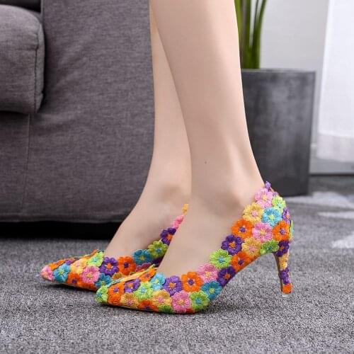 Classic Women Shoes Pearl flowers mutilcolor Lace Wedding Shoes 7CM High Heels Big Size Shoes Sweet Pumps Princess Party Heels