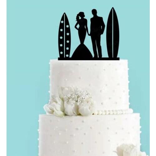 Unique Surf Couple Bride and Groom Cake Topper Black Acrylic Surfboard Beach Wedding Cake Topper Party Supplies