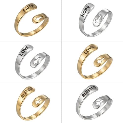High Quality Trendy FAITH LOVE HOPE Letter Rings for Women Gothic Punk Hollow Cross Shape Adjustable Ring Party Jewelry 2021