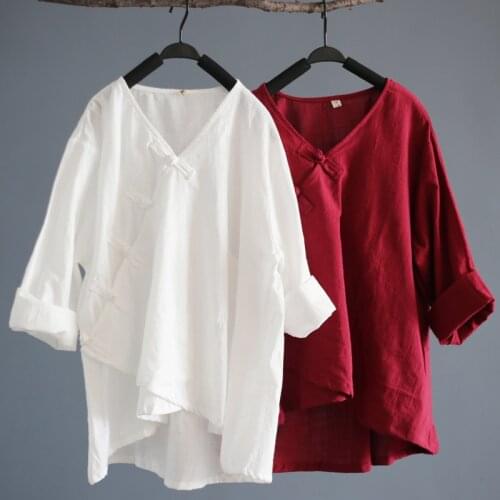 Women Button Loose Cotton Linen Thin Breathable Shirts Casual Pullover V Neck Blouses Spring Autumn Chinese Style Irregular Tops