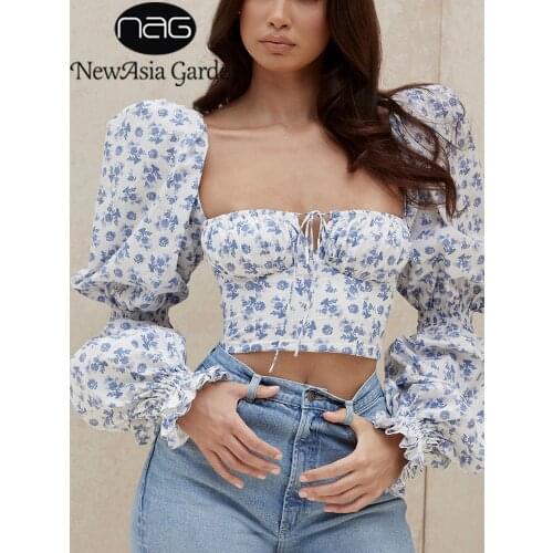 NewAsia Floral Top Women White Sweet Square Neck Long Puff Sleeve Ruched Drawstring Crop Top Autumn Woman Party Blouse 2020 New