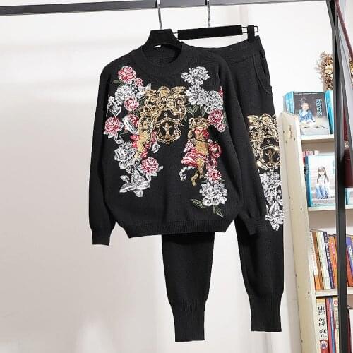 White Black Gray Knitted Tracksuit Outfits Women Loose Sequins Embroidery Flowers Pullover Sweater Long Pants 2 Piece Set Female