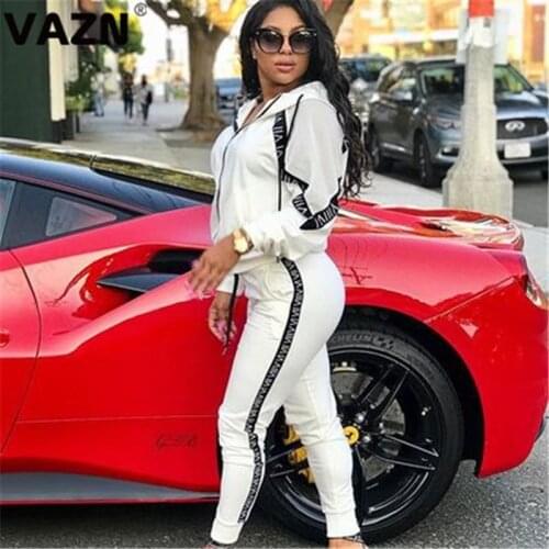 VAZN Striped Bandage Young 2020 Shinny Running Hooded Casual Colorful 2 Piece Full Sleeve Full Pant Young Sets