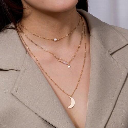 ALLNEWME Personality Gold Color Paperclip Pendant Necklace for Women Simulated Pearls Moon Linked Chain Chokers Necklaces Gift