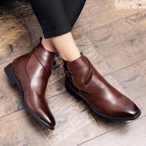 New Low-heeled Chelsea Mens Boots Business Banquet Trendy Shoes Fashion Mens Handmade Pu Leather Classic Buckle Boots 38-48
