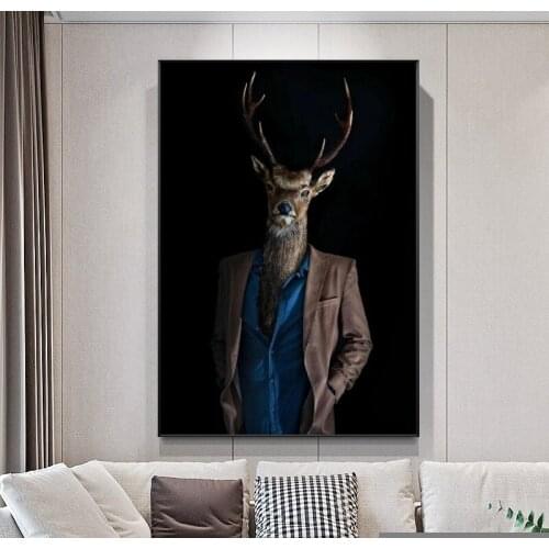 Black and White Deer In a Suit Wall Art Posters and Prints Gentlemen Animals Canvas Paintings on The Wall for Living Room Decor