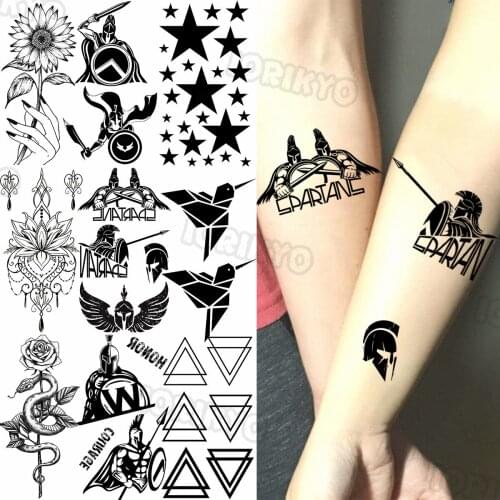Black Spartan Warrior Small Temporary Tattoos For Women Girls Snake Flower Henna Hummingbird Fake Tattoo Sticker Arm Back Tatoos