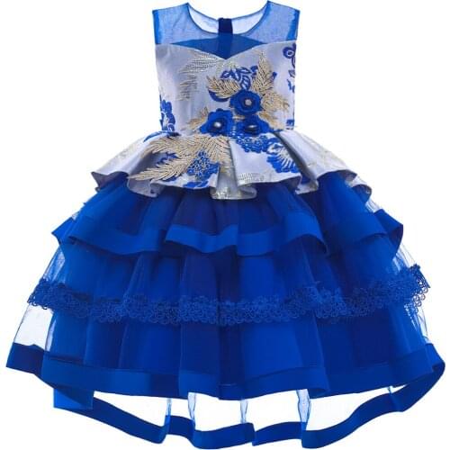 Kids Flower Dresses for Girls Christmas Children Clothing Dress Blue Princess Brithday Wedding Party Girl Dress With Appliques