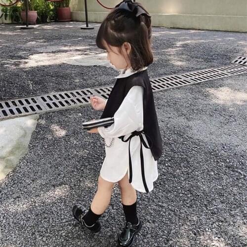 DFXD Kids Girls Autumn Clothes Set Fashion Vest Tops+White Long Sleeve Shirt Dress Toddler 2PC Outfits Children Clothing Sets