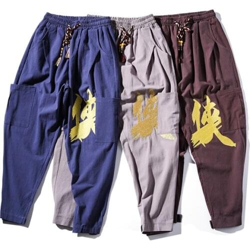 Cotton Linen Men Harem Pants Multi-Pocket Man Casual Pants Beading Wide Leg Loose Trousers Male Jogger 2020 Harajuku Style Pants