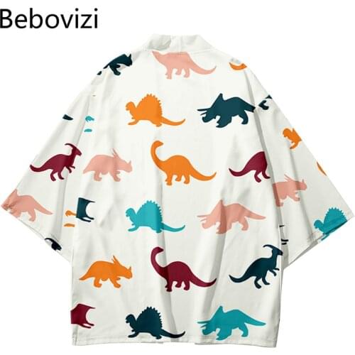 Kimono Japanese Style Dinosaur Print White Cardigan Haori Harajuku Women Casual Loose Yukata Tops Streetwear Shirts Plus Size