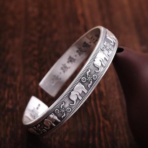 KJJEAXCMY Boutique jewelry Thai Silver Hand Ornaments Foot Silver 999 Sterling Silver Buddhist Heart Sutra Womens Bangle Elepha