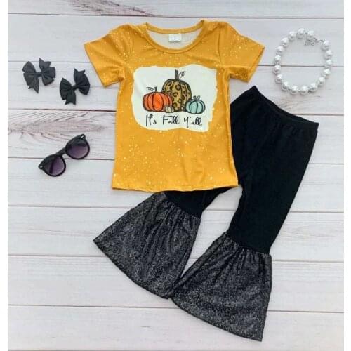 Thanksgiving style outfit pumpkin print top with sequin bell pants baby girls boutique clothing set with pumpkin print
