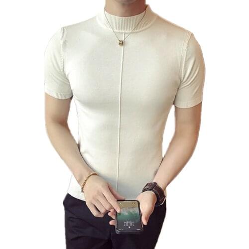 Casual Slim Fit High Collar Turtleneck Knitting Men T-Shirts 2021 Spring Autumn Short Sleeve Warm Solid Color Pullover Sweater